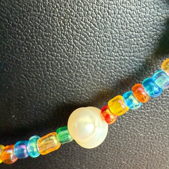 Multicolor and Pearl Boho Beachy Beaded Necklace with Green Accents - Picture 8 of 10